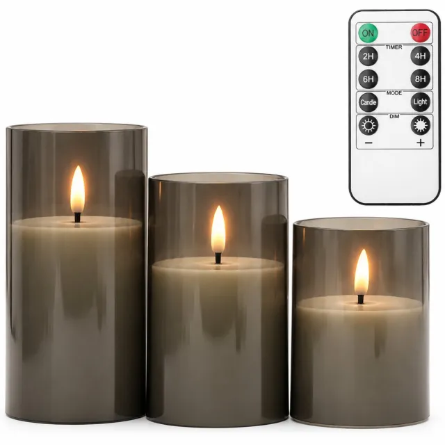 SWGOTA led kaarsen, 3 stuks per doos, grijs, vlamvormig licht en verschillende hoogtes, met afstandsbediening, timerknoppen en knoopcel voor de afstandsbediening