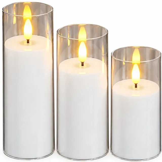 SWGOTA led kaarsen, set van 3, wit, verschillende hoogtes, transparante cilindrische kap en vlamvormige lichtpunt, voor feestdecoratie