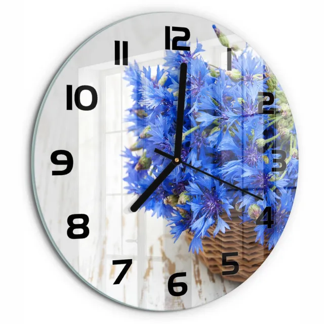 TULUP Wandklok - Korenbloemen in een mand Decoratieve Glazen Klok - fi30 cm - Blauw Glazen Wandklok Design - Zwarte handen - Ronde Klok - Glazen Klok Met Print - Wandklok Glas Met Motief