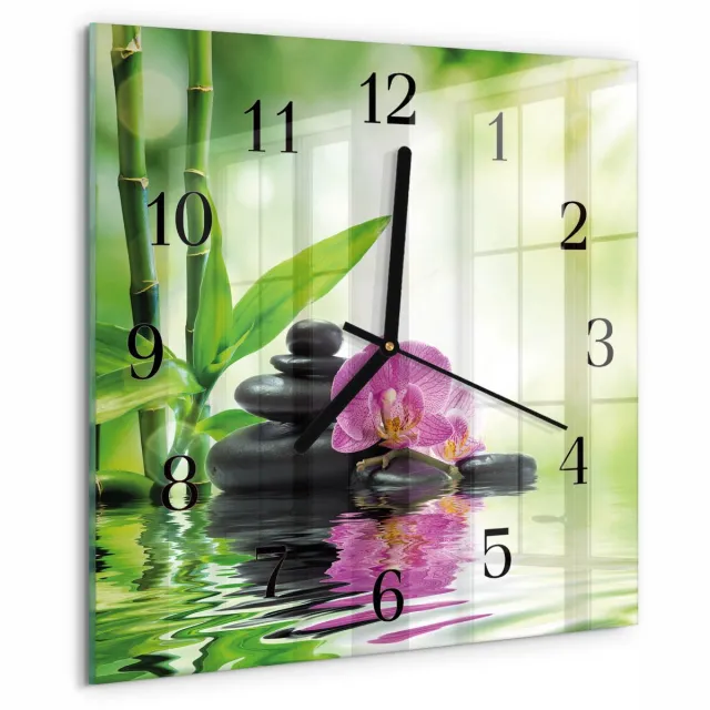 TULUP Wandklok - Spa Orchid Wandklok Glas Met Motief - 30x30 cm - Groente Decoratieve Glazen Klok - Zwarte Handen - Vierkante Wandklok - Glazen Klok Met Print - Wandklok Glas Met Motief Groente - Spa Orchid