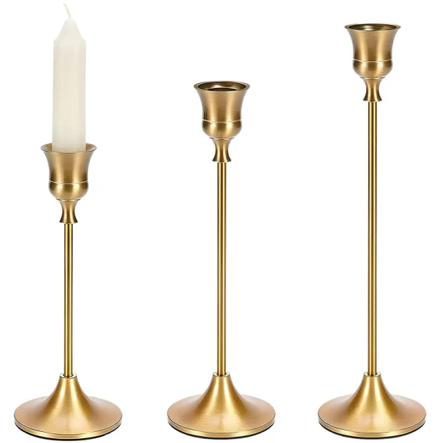 Unyqoos Set van drie metalen kandelaars met vintage ontwerp voor sfeervolle decoratie goud