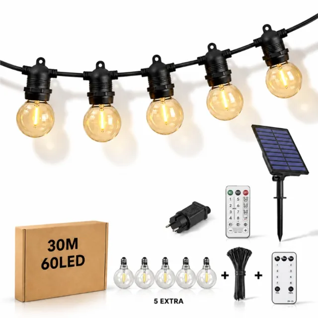 Kaëru Solar Lichtsnoer – 30m met 60 LED Lampen – Hybride Zonne-energie & Netstroom – Dimbare Buitenverlichting – Met Afstandsbediening – IP44 Waterdicht – Tuin, Terras en Balkon – Sfeerverlichting Buiten en Binnen