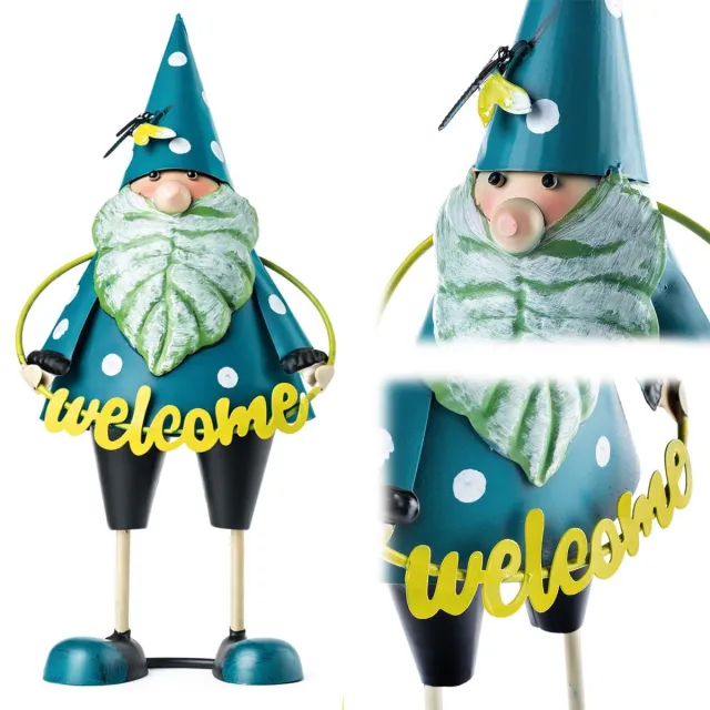 KADAX Tuinkabouter 29 cm met welkomstbordje, tuinfiguur van gepoedercoat staal, metalen tuinkabouter, decoratieve buitenfiguur, tuindecoratiefiguur Blauw