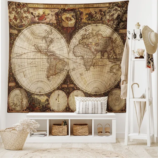 New Bed Wereldkaart Historische oude atlas Wandkleed, Stoffen Muurdecoratie, 230 cm 140 cm Veelkleurig, Beige