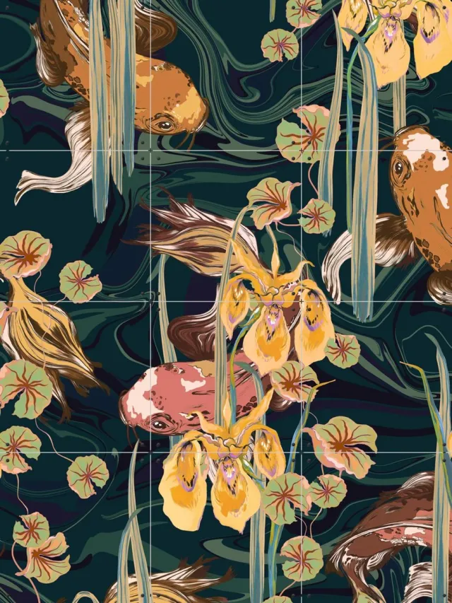 IXXI Koi Pond Petrol Olive, Marylène Madou - 60 x 80 cm - Grote wanddecoratie en posters - Art Nouveau, Illustraties, Digitale Kunst, Mancave Warme kleuren / Groen