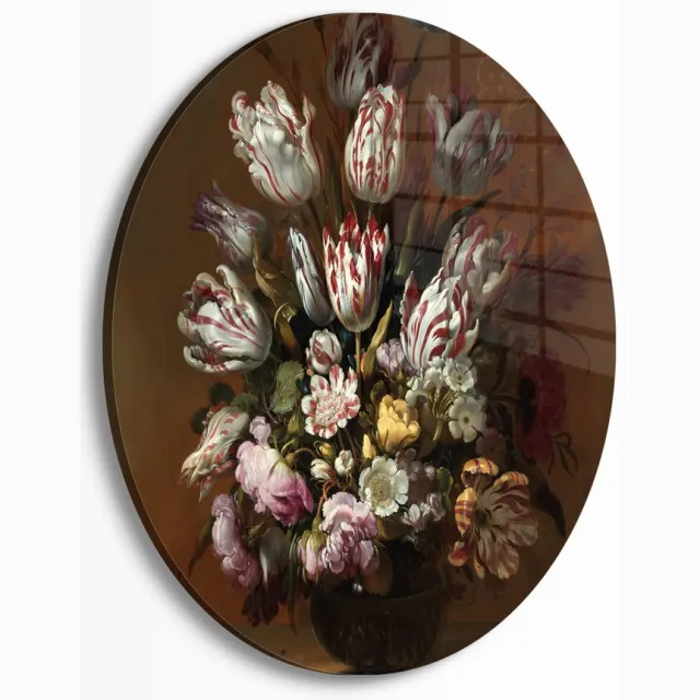Myfinto Indoorart - Muurcirkel Stilleven met bloemen Plexiglas 40 cm - Wanddecoratie - Afbeelding op Plexiglas - Inclusief ophangplaat bruin, rood, wit, geel, groen