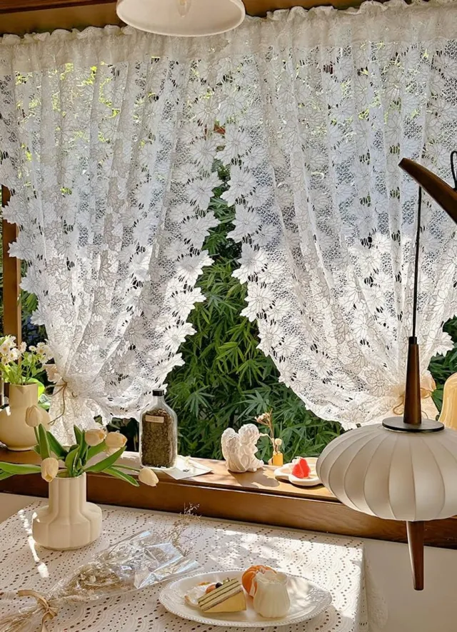 Ibenzoa Romantisch Kanten Gordijn met Bloemenpatroon voor Keuken en Woonkamer, 120 x 150 cm, Wit