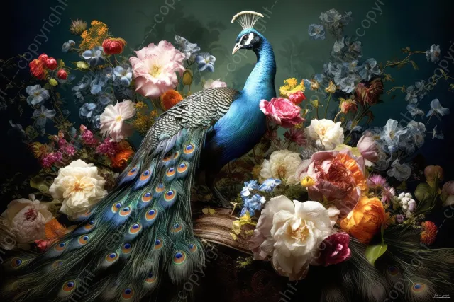 John Joseb Art (Canvas) 60x40 | Pauw met bloemen, kunst, woonkamer, slaapkamer | vogel, dier, rood, blauw, groen, geel, bruin, modern | Foto-Schilderij canvas print (wanddecoratie) Canvas, dikte 2 cm