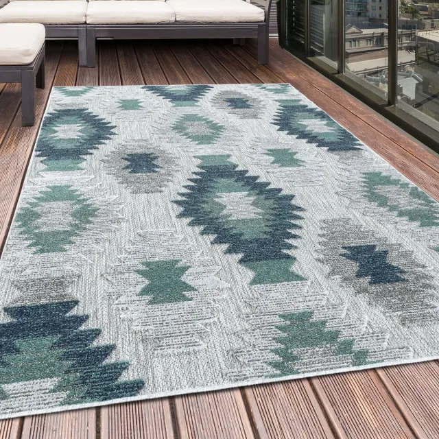 Tapijtenmagazijn Buitenkleed met Berber-design, blauw, geschikt voor terras, balkon of keuken, met polypropyleen achterkant, afmeting: 140 x 200 cm