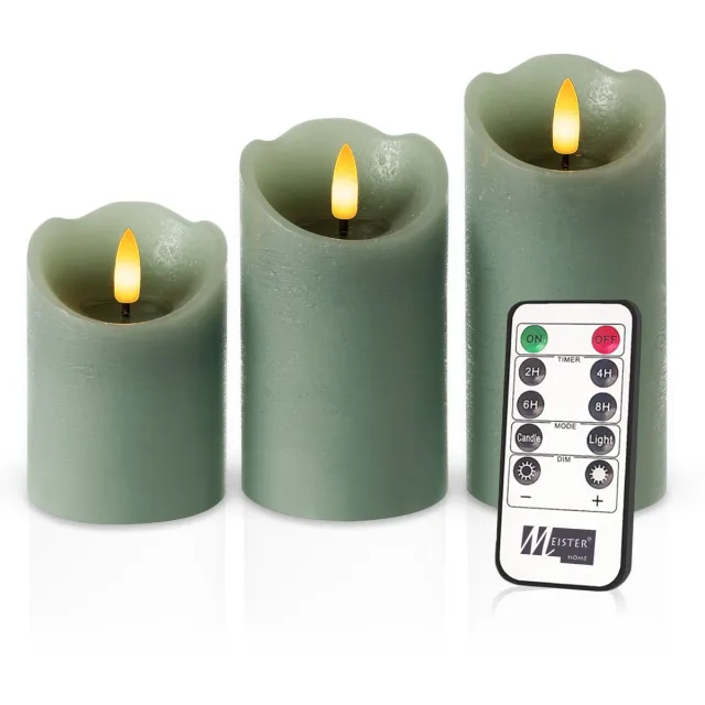 Meisterhome 3 x Led Stompkaars Rustiek - Groen – Stompkaars Echte wax – Led kaarsen - 10 / 12.5 / 15 cm Hoog - Met afstandsbediening – Timer 2/4/6/8 uur - Dimbaar