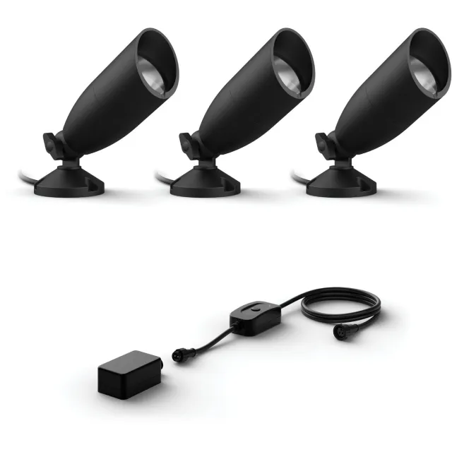 WiZ Tuinspot Basisset met 3 Tuinspots (Zwart) - Wit en Gekleurd Licht - Incl. Voedingskabel - Tuinverlichting - Slimme LED Verlichting - WiFi Antraciet