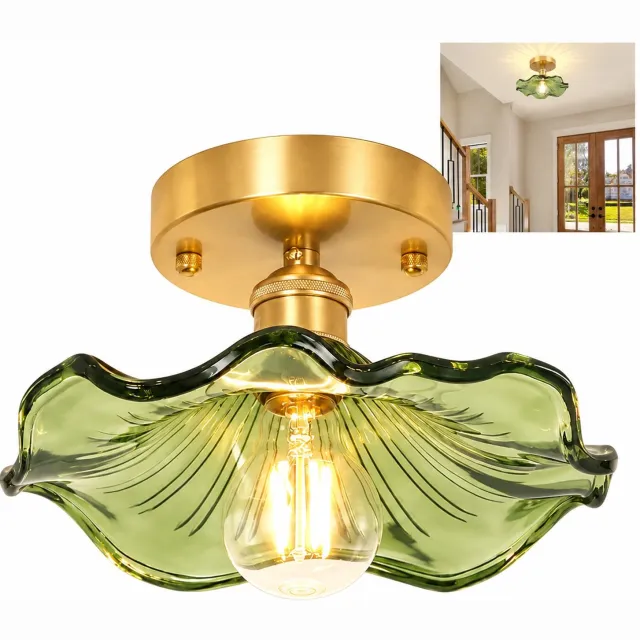 VHV Vintage Plafonniere E27 - Groene Glazen Plafondlamp - Retro Bloemenlamp voor Woonkamer en Slaapkamer - Binnenverlichting