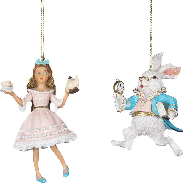 Goodwill M&G Kerstornament - Alice in Wonderland en Konijn - set van 2 - pastel - roze blauw - 10cm