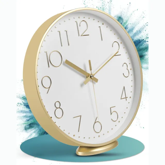 LATENO Wandklok Goud - 30 cm - Geen tikkend geluid - Analoge klok om op te hangen en neer te zetten - Grote stille moderne wandklok voor de woonkamer