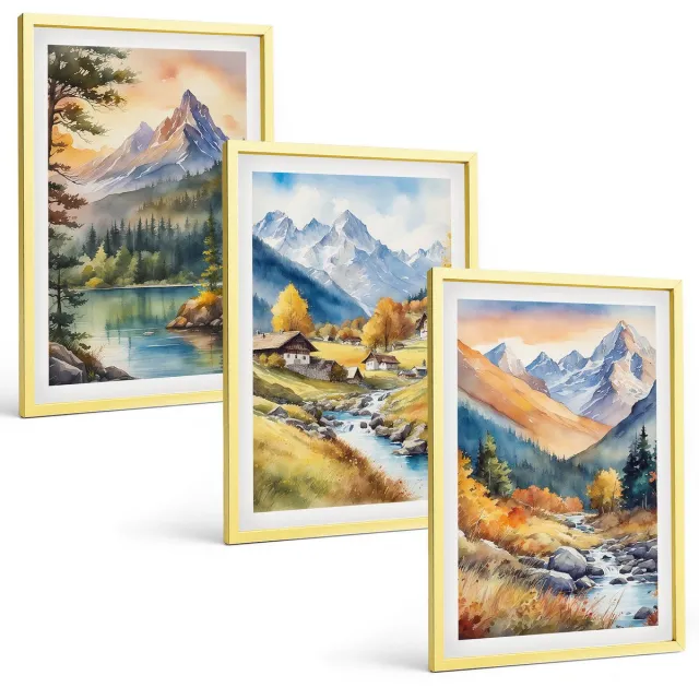 Coloray 3-Delige Schilderij Set - Uitzichten Op Kuststeden En Hun Architectuur - 40 x 40 cm En 40 x 60 cm - Wanddecoratie - Schilderijen Set - Kantoor - Decoratieve Schilderijen Gouden lijst