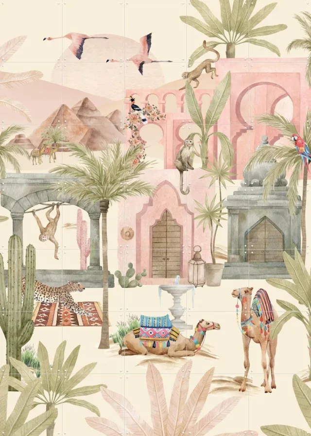 IXXI Pink Oasis, Creative Lab Amsterdam - 100 x 140 cm - Grote wanddecoratie en posters - Kleurrijk, Speels, Illustraties, Aquarel, Woonkamer, Zomer Roze