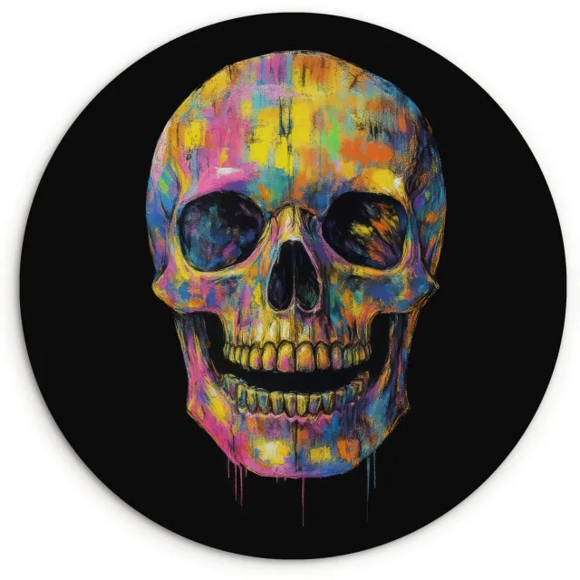 WallCircle Wandcirkel 90x90 cm - Muurcirkel Penseelstreken - Schedel - Kleurrijk - Abstract - Muurdecoratie woonkamer - Wanddecoratie slaapkamer - Kamer decoratie accessoires - Ronde schilderijen schedel - penseelstreken
