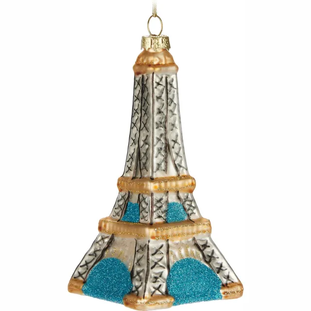 Brubaker Eiffeltoren - handbeschilderde kerstbal van glas - 14 cm boombol Parijs decoratie - wit, goud en blauw - mondgeblazen kerstboomversiering - figuur grappige decoratieve hanger Beige