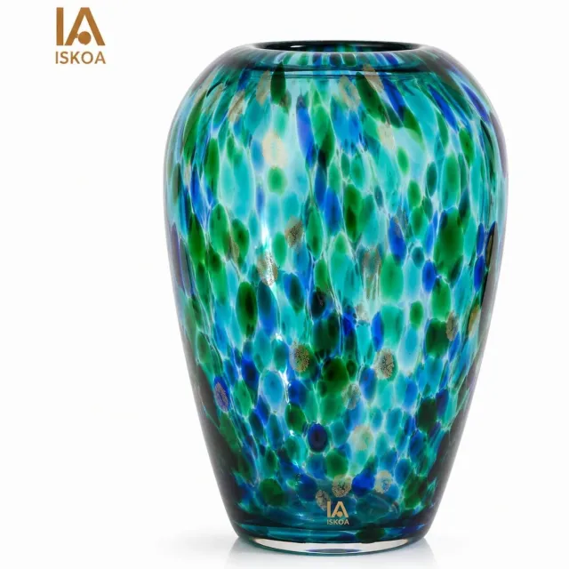 ISKOA Mondgeblazen glazen vaas 22,9 cm - Turquoise met brede opening - Modern design voor bloemen - Woonkamer, keuken, bruiloft