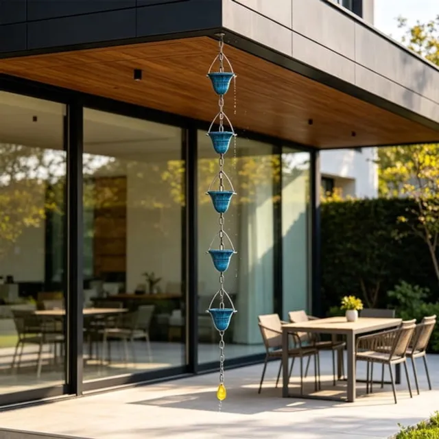 Ulisem Regenketting - Metalen regenketting met decoratieve bekers - 121.5 cm lang - Blauwe kleur - Met insecten en dierfiguren - Vervangt regenpijp - Voor tuin en terras - Klinkt als windgong - Roestvrij - Cadeau voor tuinliefhebbers - Blauw