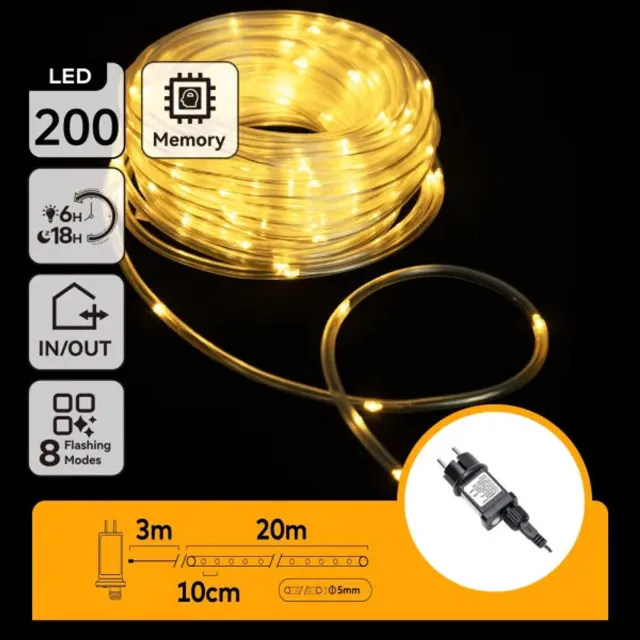 Aigostar LED lichtsnoer buis warmwit 23 meter (3+20) - 200 LED's - waterdicht IP44 - 230V AC - 24V - met timer 6u aan/18u uit