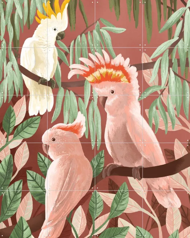 IXXI Cockatoos, Goed Blauw - 80 x 100 cm - Grote wanddecoratie en posters - Speels, Illustraties, Woonkamer, Vogels, Tropisch, Natuur, Botanisch Roze / Warme kleuren