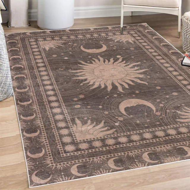 ABAKUHAUS Decoratief vloerkleed met zon en maan, hoogwaardig vloerkleed voor slaapkamer en woonkamer, 122x170 cm, taupe