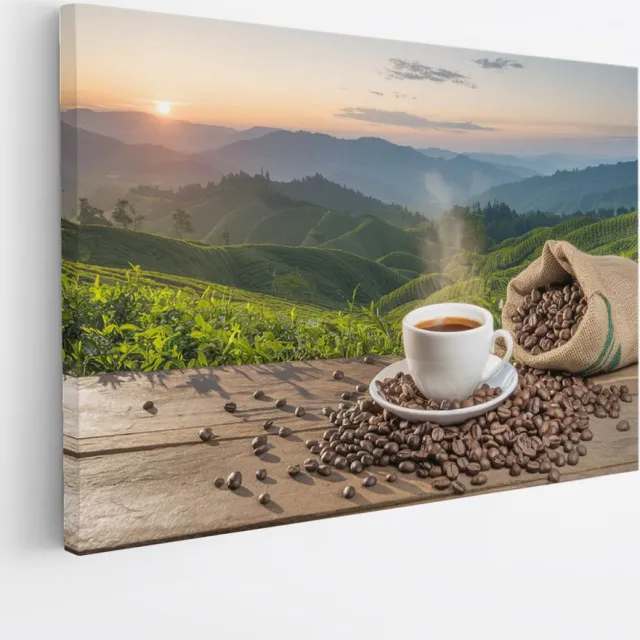 Saammp Canvas Schilderij - Kopje Koffie - Bonen - Landschap - 120x80 - Foto op canvas - Wanddecoratie - Muurdecoratie keuken - Slaapkamer decoratie - Canvas Print Multicolor