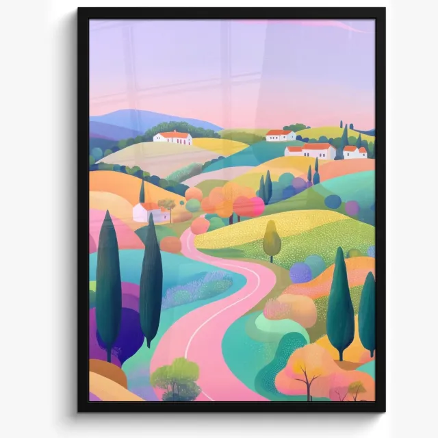FrameYourWall Poster in lijst - Fotolijst 50x70 cm - Posters - Landschap - Paars - Pastel - Huizen - Posterlijst zwart - Decoratie - Wanddecoratie woonkamer - Muurdecoratie slaapkamer landschap - Pastel