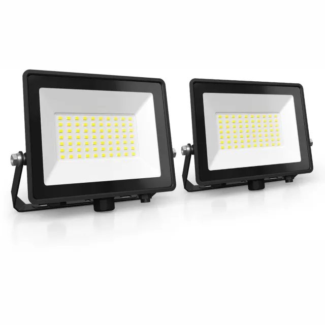 LEDVION 2x ECO LED-schijnwerper buiten, IP65, 50W, 110lm/W, koel wit, 6500K, superhelder, breedstraler, buitenlamp Zwart