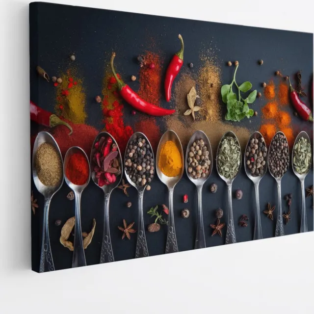 Saammp Canvas Schilderij - Lepels met specerijen - 100x75 - Foto op canvas - Wanddecoratie - Muurdecoratie keuken - Slaapkamer decoratie - Canvas Print Multicolor