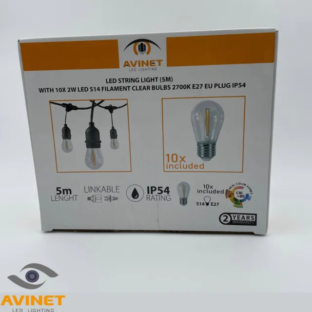 AVINET safety AV-713 LED STRING LIGHT (5M) WITH 10x S14-FILAMENT CLEAR BULBS E27-2 W – 2700K + 3m Extra cable EU PLUG IP54