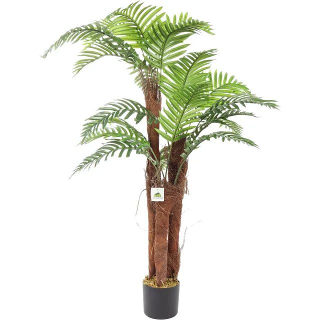 Kunstpalm Kunst Kokospalm 120 cm – Nep Palmboom – 3 Kokosstammen – Tropische Kunstplant Bermuda Donkerbruin
