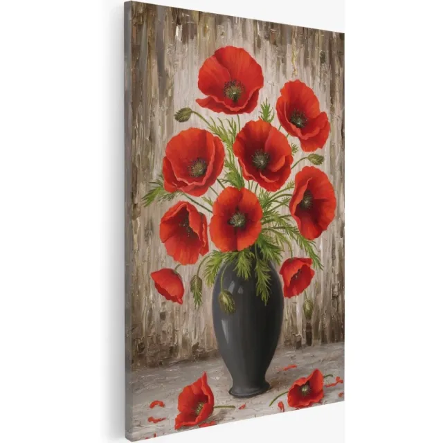 Saammp Canvas Schilderij - Rode Rozen In Vaas- Bloemen - Abstract - 50x70 - Foto op canvas - Wanddecoratie - Muurdecoratie Woonkamer - Kantoor Decoratie Multicolor