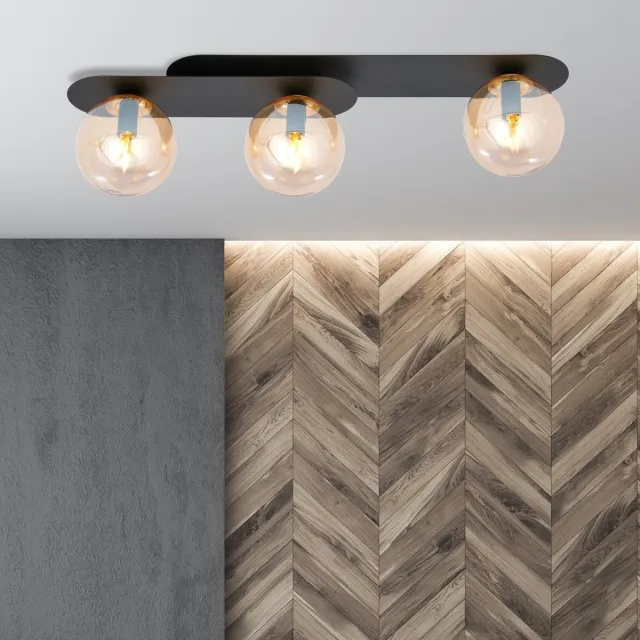 Emibig Randers mooie triple ovalen plafondlamp zwart met 3 amber glazen bollen E14 - Perfecte sfeerverlichting voor elk interieur Zwartachtig