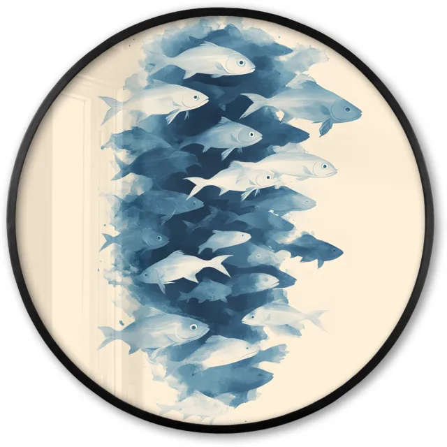FrameYourWall Poster in lijst Rond - Fotolijst 80x80 cm - Posters - Vissen - Minimalistisch - Blauw - Ronde posterlijst zwart - Decoratie - Wanddecoratie woonkamer - Muurdecoratie slaapkamer