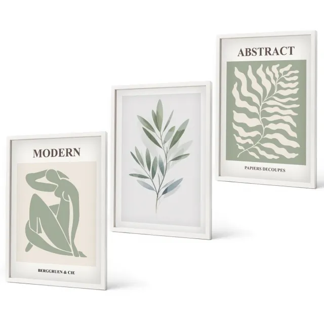 Coloray 3-Delige Schilderij Set - Matisse Design Aquarel Boho Planten - 40 x 60 - Decoratieve Muurdecoratie - Slaapkamer - Wanddecoratie Witte lijst