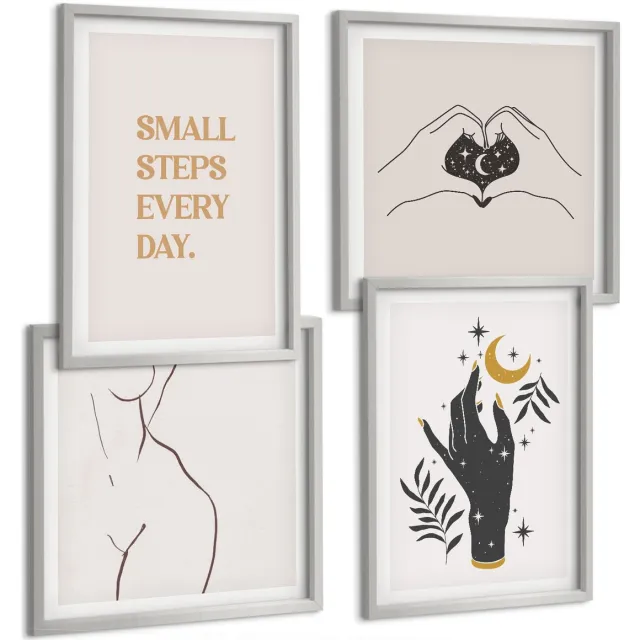 TULUP 4-Delige Schilderij Set - Minimalistische illustraties die boho-tekst inspireren - 40 x 40 cm en 40 x 60 cm - Decoratieve Muurdecoratie - Slaapkamer - Interieur Decoratie Zilveren lijst