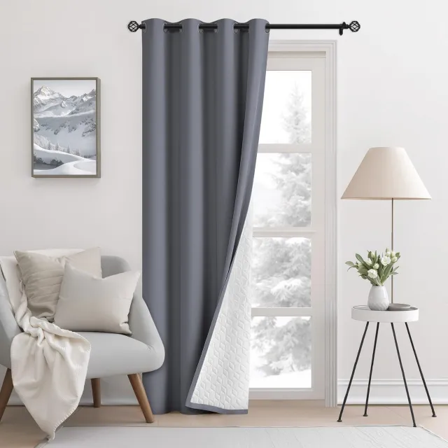 Famanu Verdikt thermisch gordijn, 132 x 245 cm, geluidsarm en koudebestendig, verduisteringsgordijn met oogjes voor woonkamer en slaapkamer, ideaal voor het creëren van een rustige omgeving Grijs