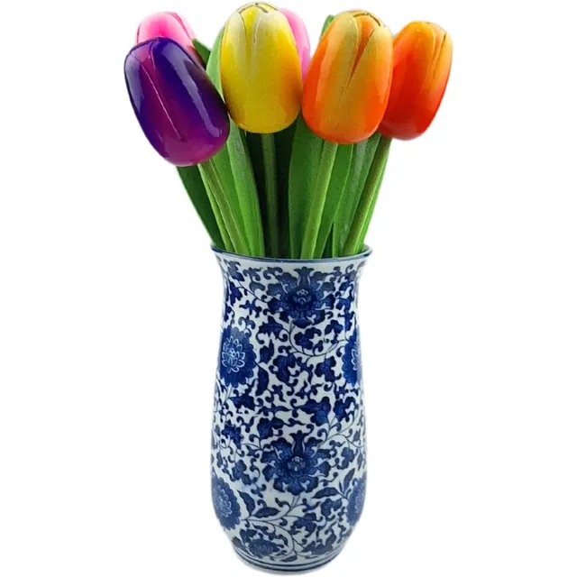 TraaGoods Delftsblauwe vaas met 10 tulpen in mix van kleuren (hoogte 34cm)