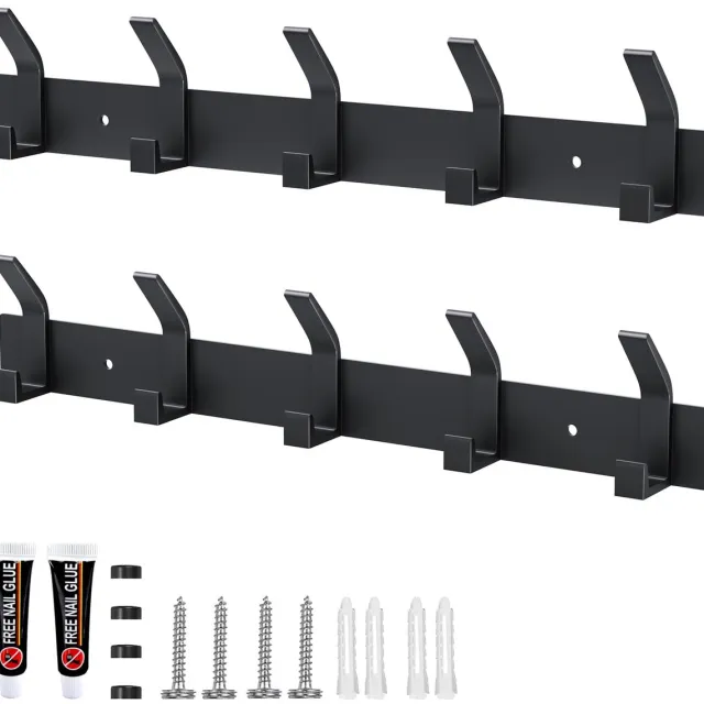 Ibenzoa Kledinghaken voor aan de muur met 5 haken per stuk, set van 2 stuks, mat zwarte afwerking