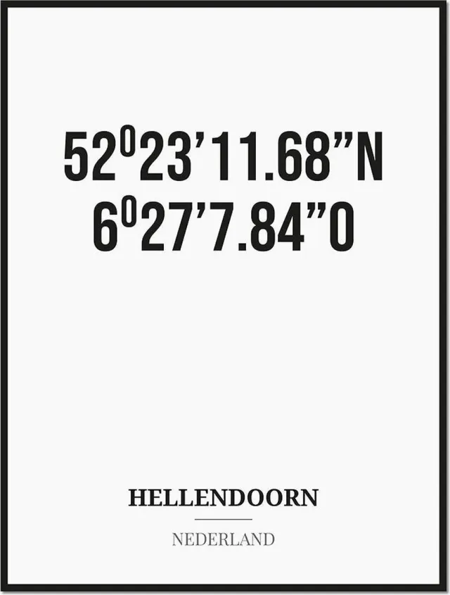 Studio216 Poster/kaart HELLENDOORN met coördinaten zwart, wit
