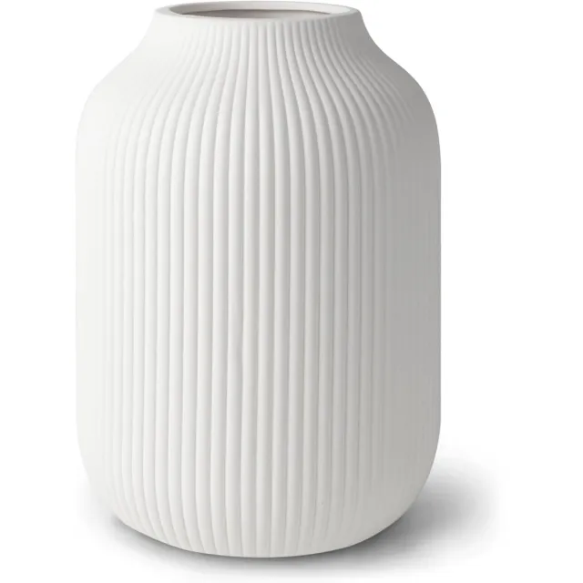 Famanu Keramische vaas met groeven, mat wit en waterdicht, bloemenvaas 20 cm voor woonkamer en slaapkamer