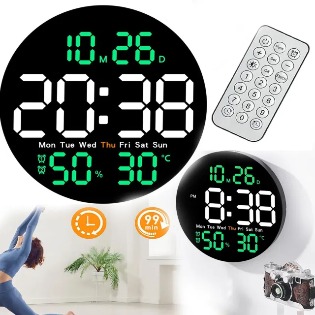 Buyya Digitale Wandklok, Stille Moderne Klokken, Met Automatische Helderheids, Temperatuur-en Vochtigheidsweergave, Geheugenfunctie Bij Uitschakelen. Zwart en groen