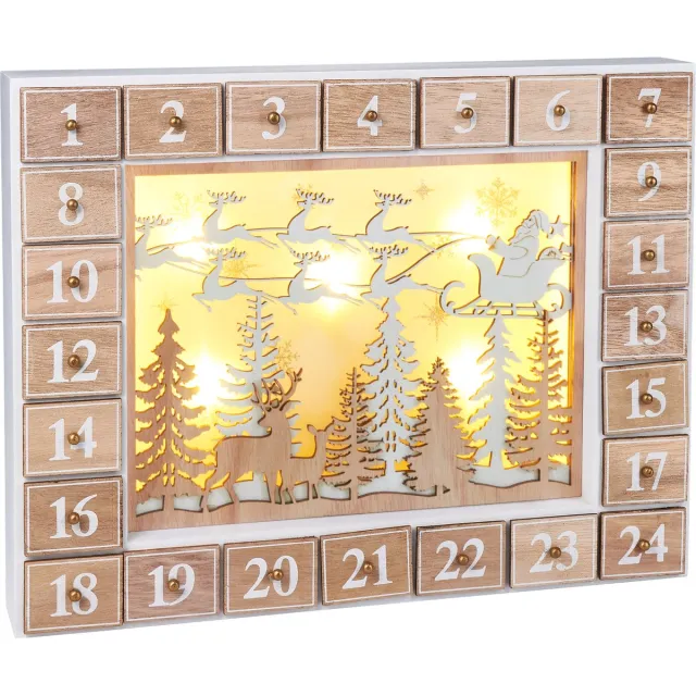 Brubaker Herbruikbare houten Adventskalender om te vullen - Vliegende kerstman met LED-verlichting - Doe-het-zelf-kalender 35,5 x 6 x 27 cm Kerstman vliegend