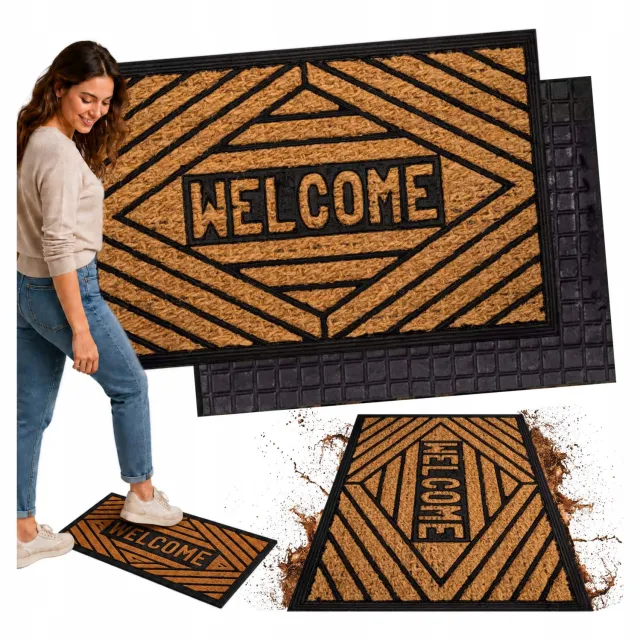 okazeo Deurmat Kokos Welkom 55x35 cm - Effectieve Vuilopvang voor de Entree Natural/Black