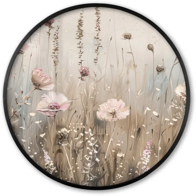 FrameYourWall Poster in lijst Rond - Fotolijst 80x80 cm - Posters - Bloemen - Roze - Modern - Beige - Ronde posterlijst zwart - Decoratie - Wanddecoratie woonkamer - Muurdecoratie slaapkamer Bloemen - Modern