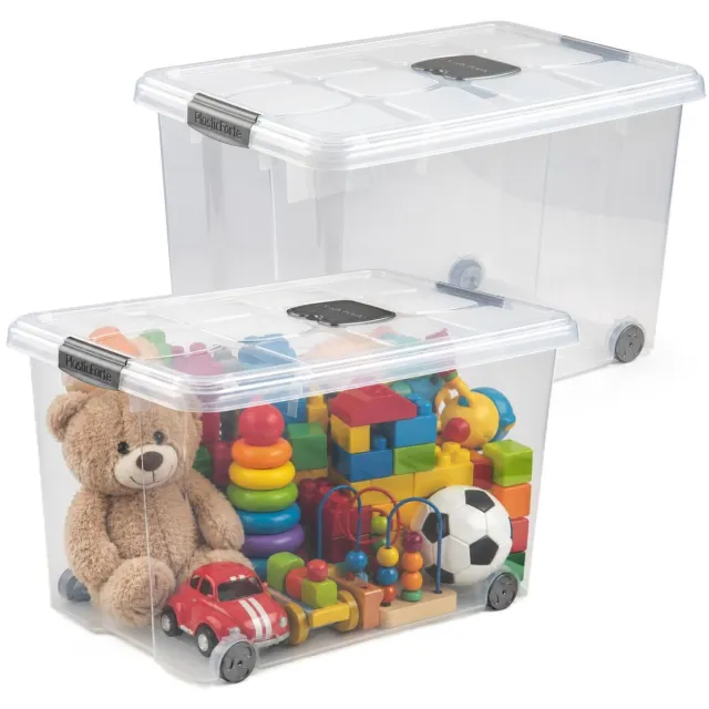 PLASTICFORTE Opslagbox - 2x stuks - met deksel - 55L - 59 x 40 x 35 cm - transparant - opbergbak - met wielen Multi