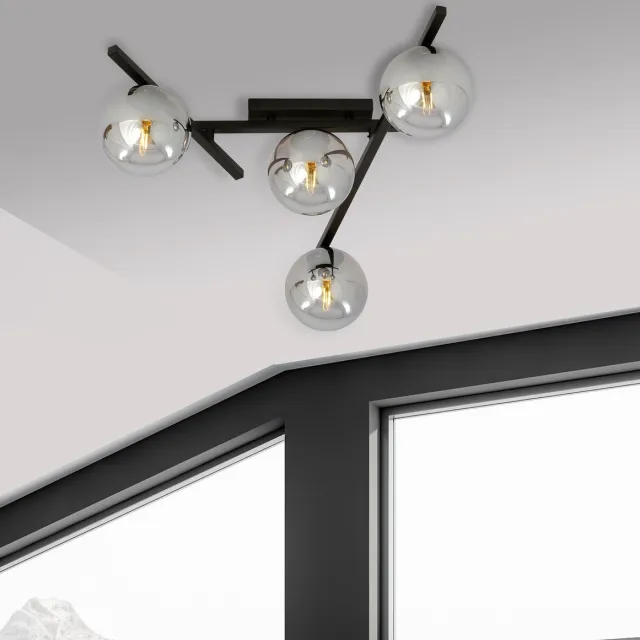 Emibig Metaal en glas plafondlamp met 4 rookglas bollen - Perfecte sfeer voor elke ruimte Zwartachtig