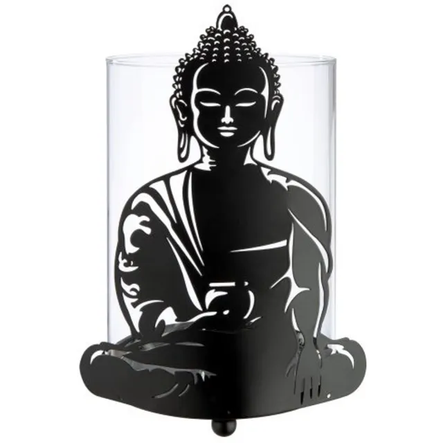Gilde handwerk Windlicht - Kaarsenhouder - Buddha - Glas - Metaal - 12x21cm Zwart